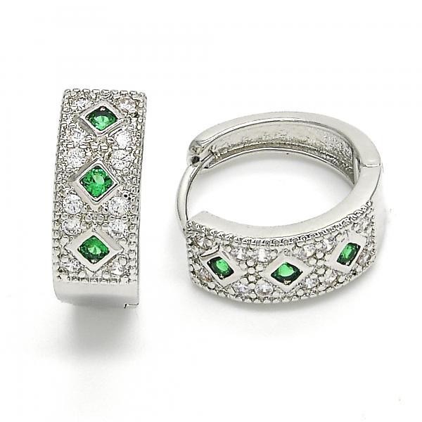 Gold Filled Rhodium Plated Huggie Hoop With Green Cubic Zirconia