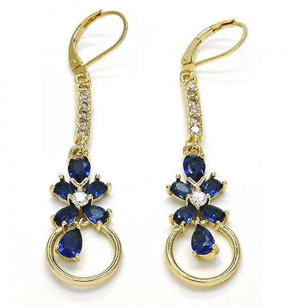 Gold Filled Long Earring Flower and Teardrop Design Golden Tone With Sapphire and Cubic Zirconia