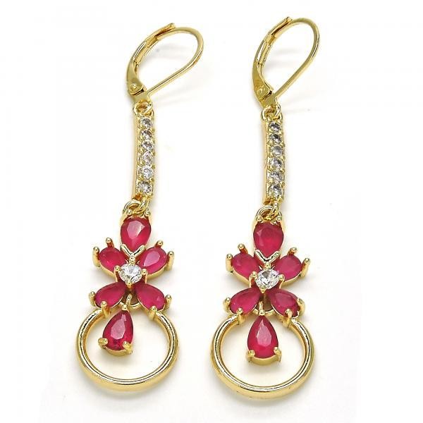 Gold Filled Long Earring Flower and Teardrop Design Golden Tone With Ruby and Cubic Zirconia