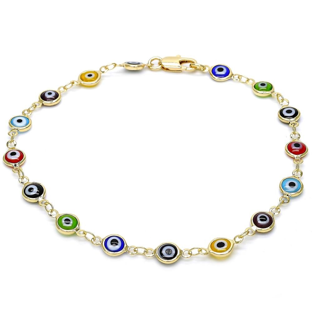 Gold Filled Greek Eye Design Fancy Anklet Multicolor Resin Finish Golden Tone