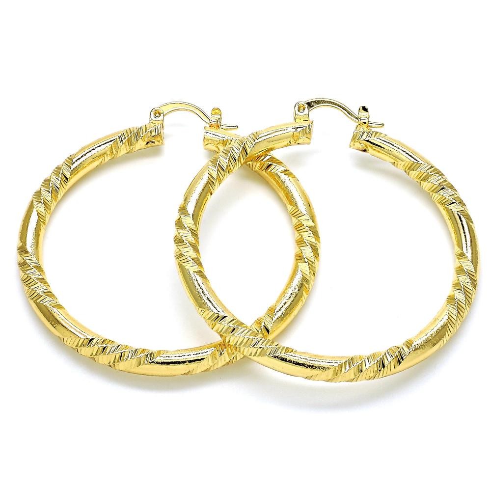 Gold Filled 4mmX50mm Large Hoop Earrings Hollow Design Diamond Cutting Finish Golden Tone