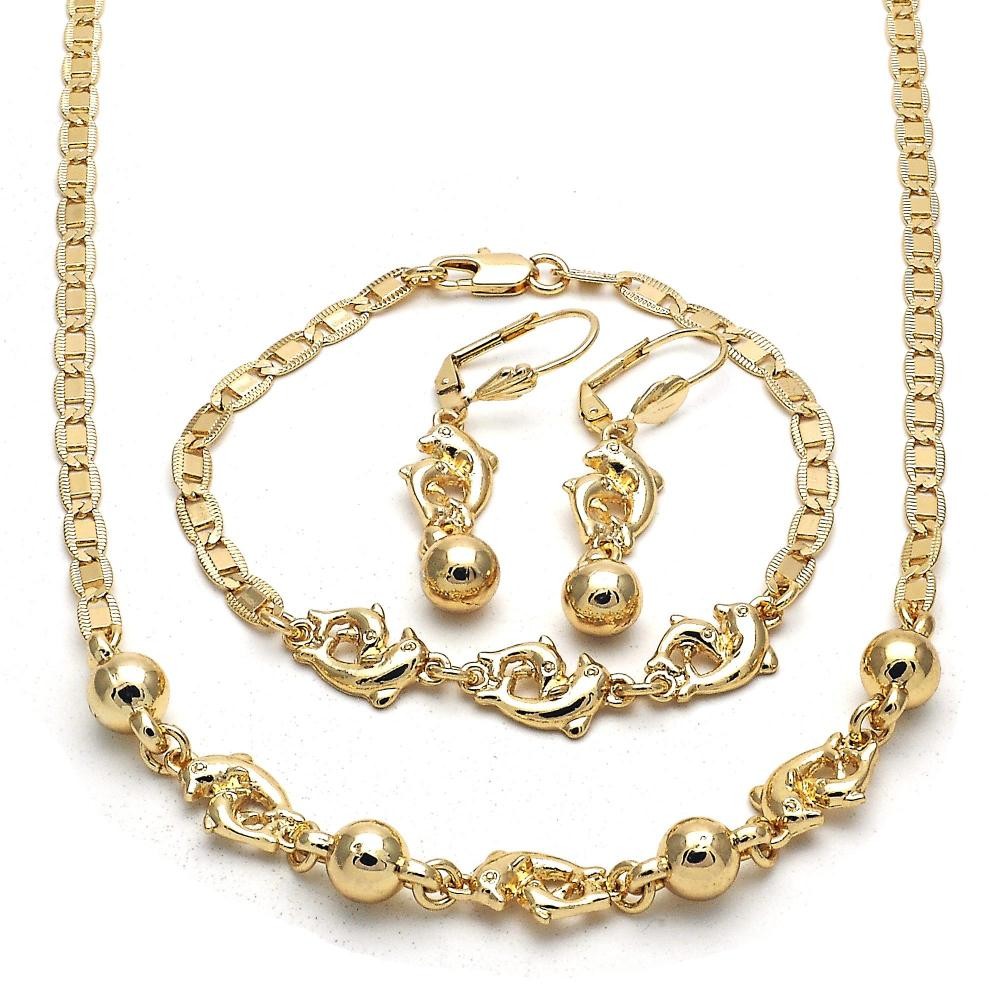 Gold Filled Necklace Bracelet and Earring Dolphin Design Polished Finish Golden Tone