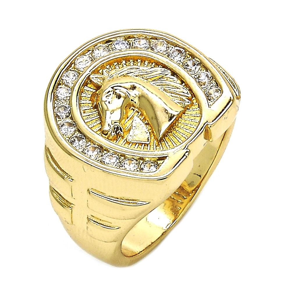 Gold Filled Men's Ring Horse Design with White Cubic Zirconia Polished Golden Tone