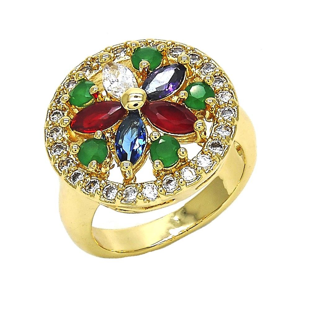 Gold Finish Multi Stone Ring Flower Design with Multicolor Cubic Zirconia Polished Golden Tone
