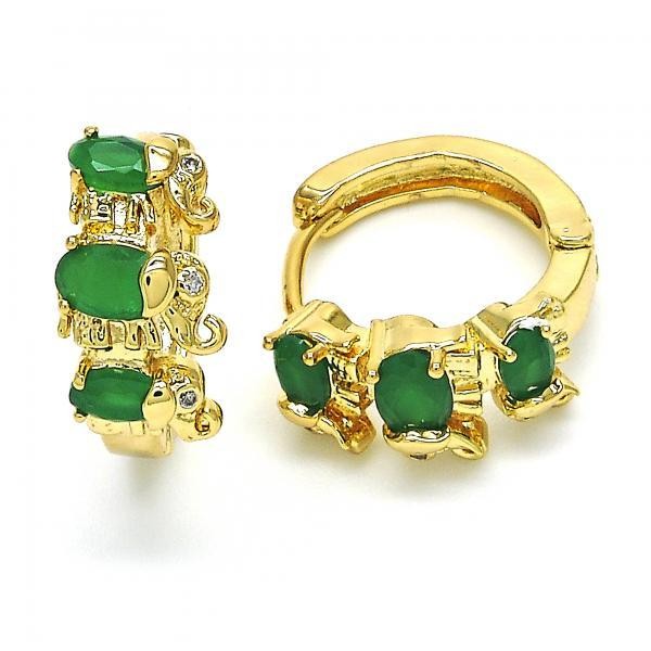 Gold Filled Gold Plated Huggie Hoop Elephant Design With Green Cubic Zirconia