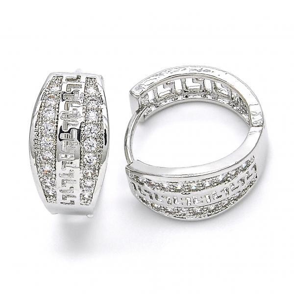 Gold Filled Rhodium Plated Huggie Hoop Greek Key Design With Cubic Zirconia