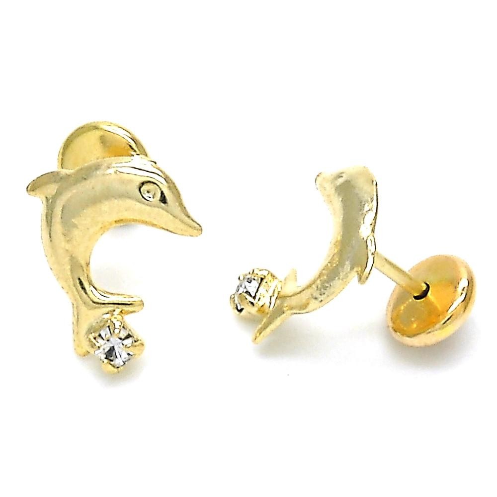 Gold Filled Stud Earring Dolphin Design With Cubic Zirconia Polished Finish Golden Tone