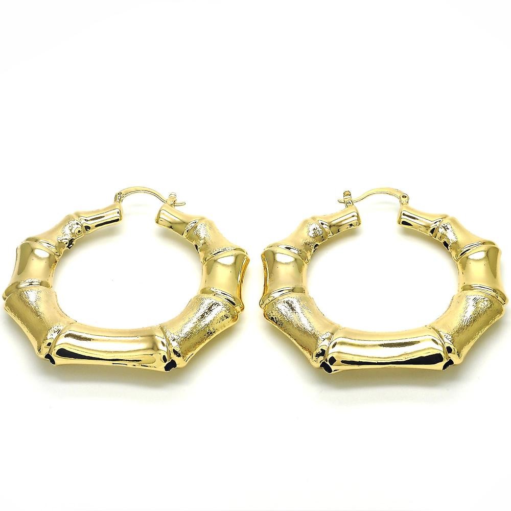 Gold Filled 55mm Large Hoop Earrings Bamboo and Hollow Design Brushed Finish Golden Tone