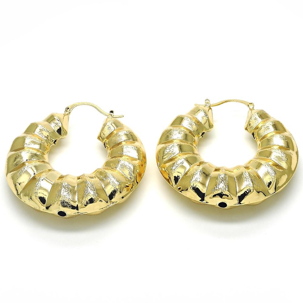 Gold Filled 50mm Large Hoop Earrings Bamboo and Hollow Design Brushed Finish Golden Tone