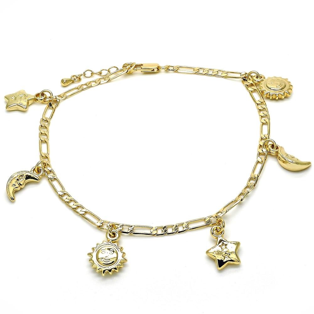 Gold Filled Charm Anklet Sun and Star Design Polished Finish Golden Tone