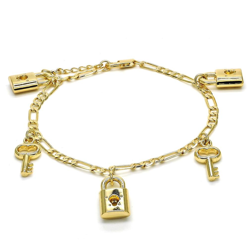 Gold Filled Key & Pad Lock Fancy Charm Bracelet Polished Finish Golden Tone