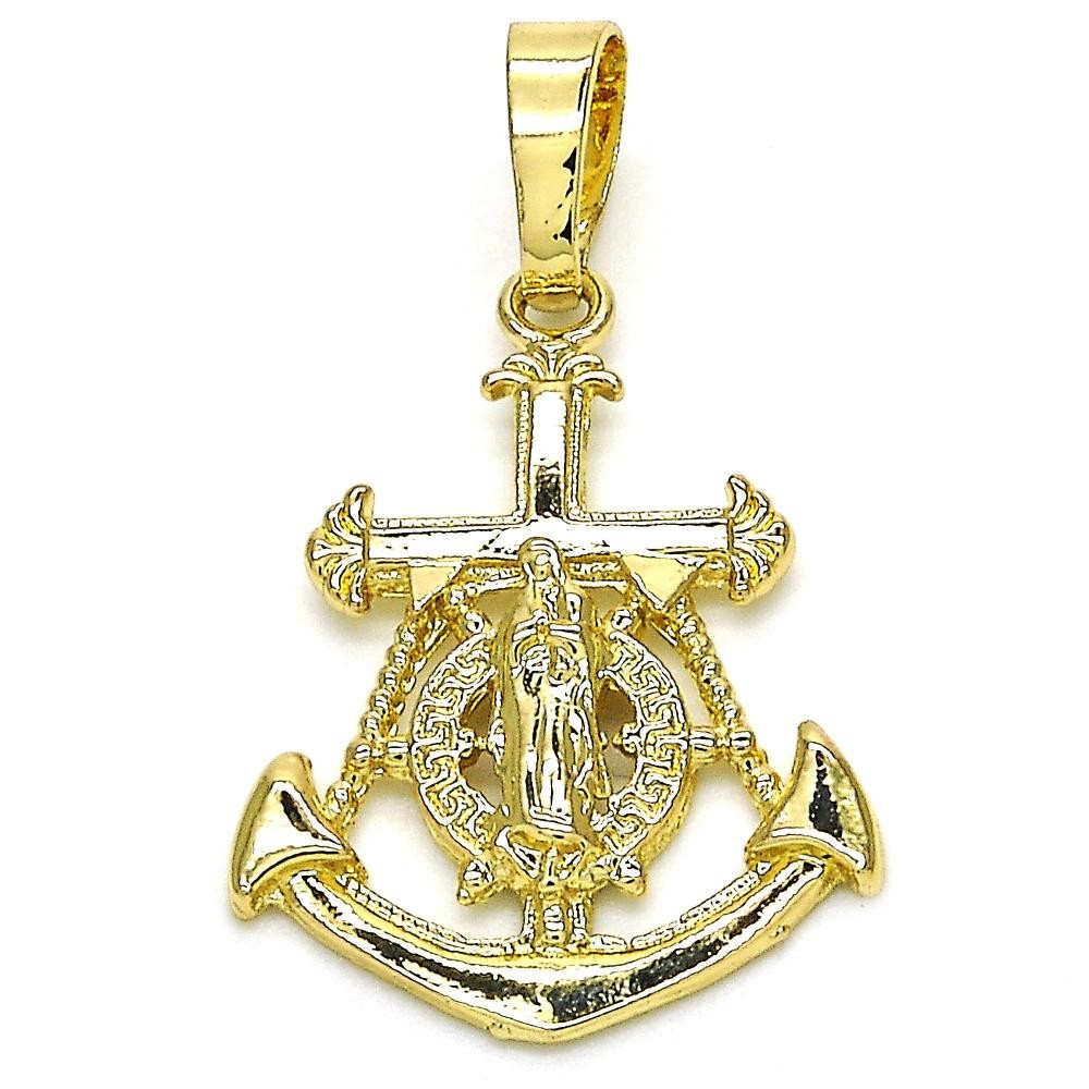 Gold Filled Fancy Pendant Anchor and Guadalupe Design Polished Finish Golden Tone