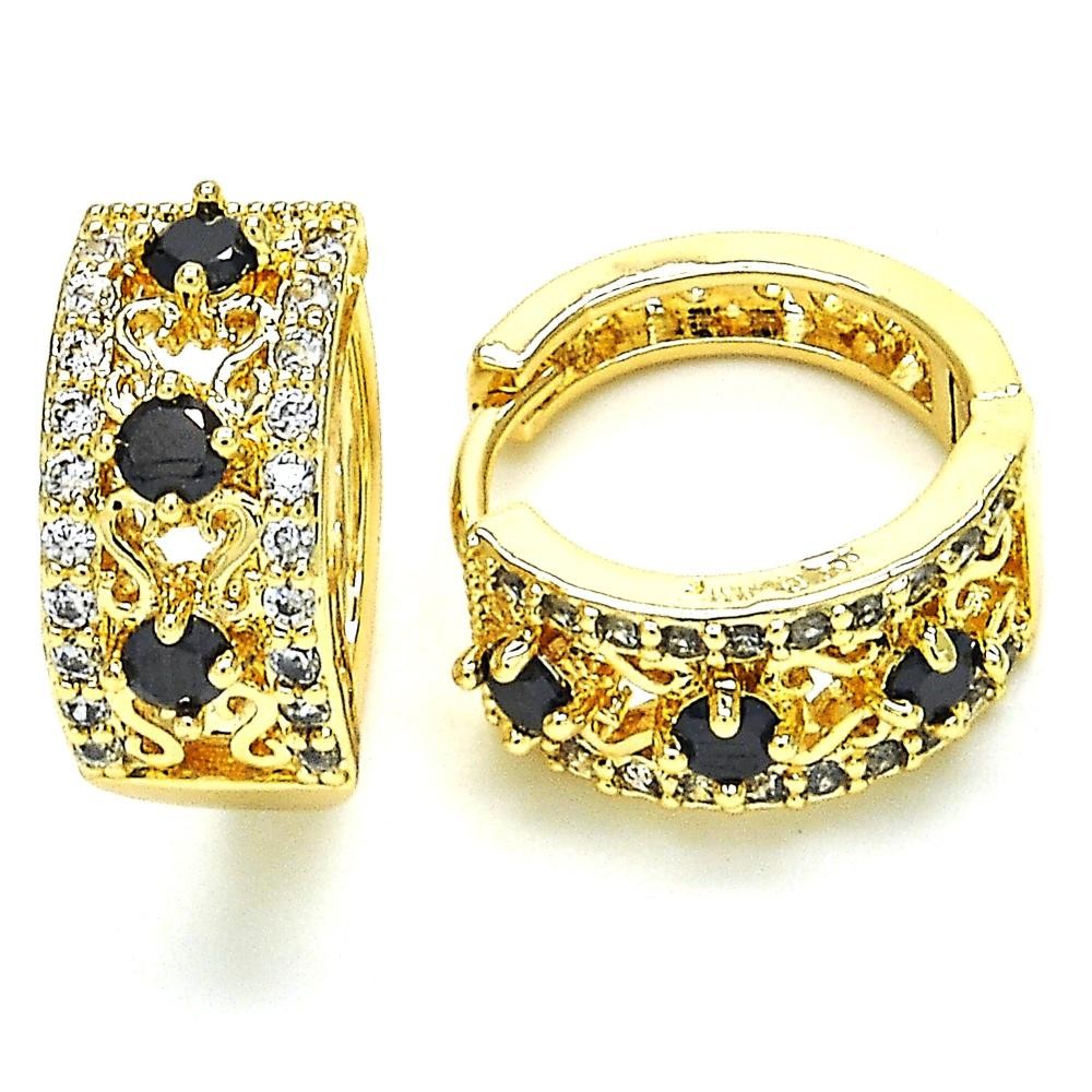 Gold Filled Huggie Hoop with Black and White Cubic Zirconia Polished Golden Tone