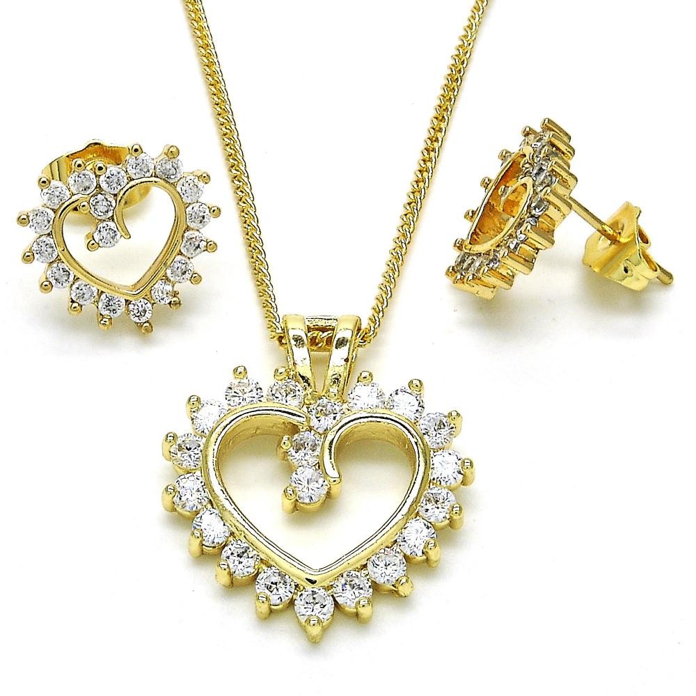 Gold Finish Earring and Pendant Set Heart Design with White Cubic Zirconia Polished Golden Tone