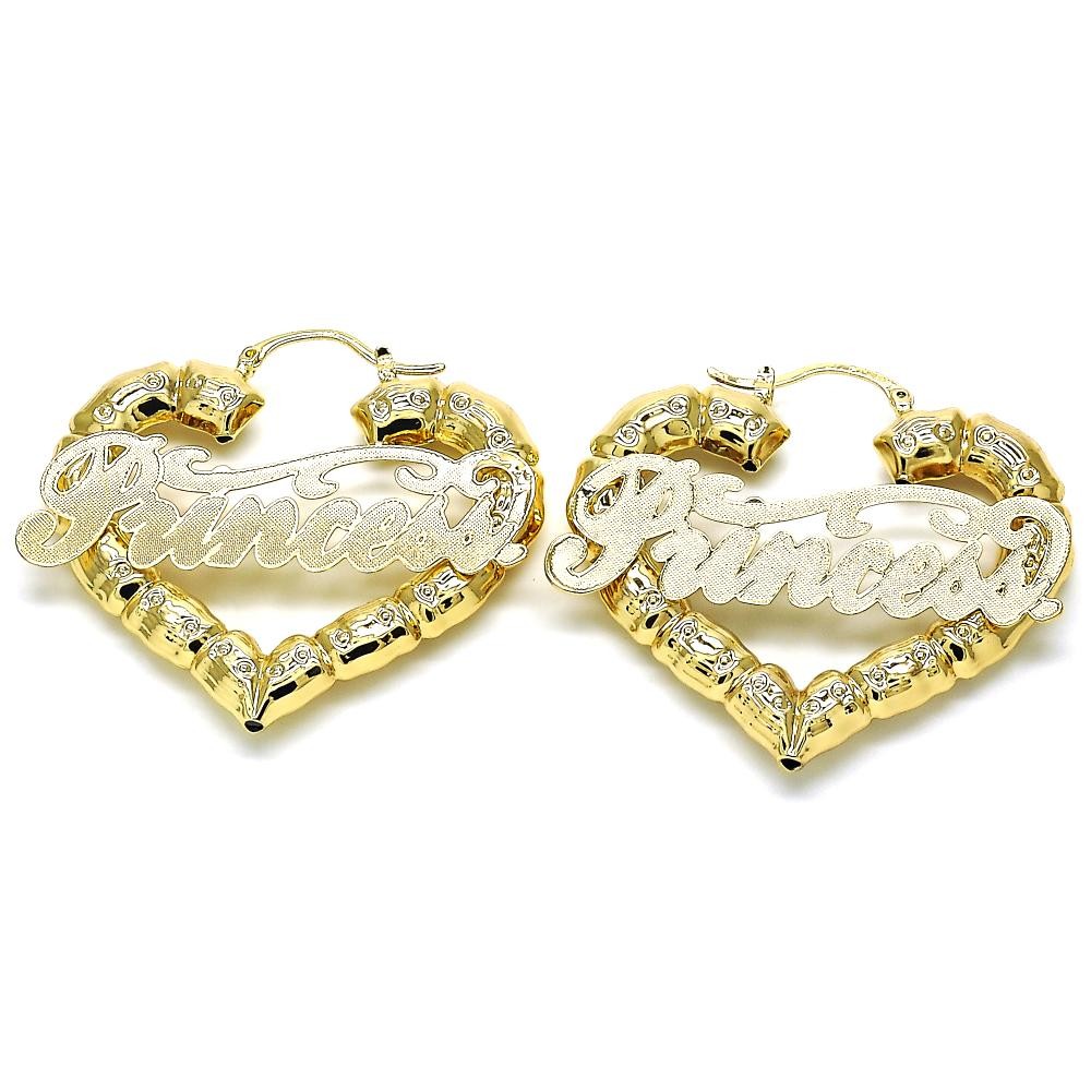 Gold Filled Large Hoop Heart-shaped Princess Nameplate and Bamboo Design Polished Golden Finish 50MM
