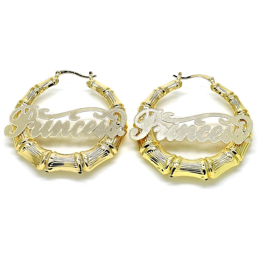 Gold Filled Large Hoop Princess Nameplate and Bamboo Design Polished Golden Finish 60mm