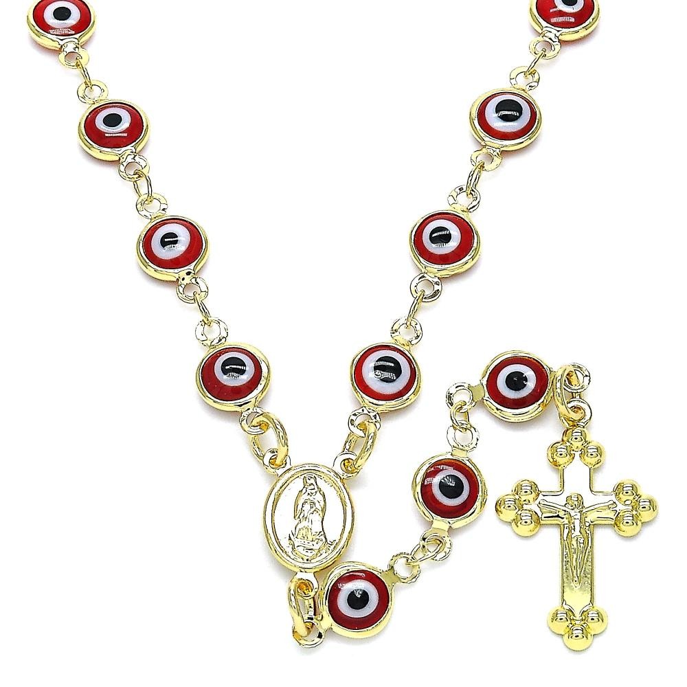 Gold Filled 18" Medium Rosary Guadalupe and Crucifix Design Red Resin Finish Golden Tone