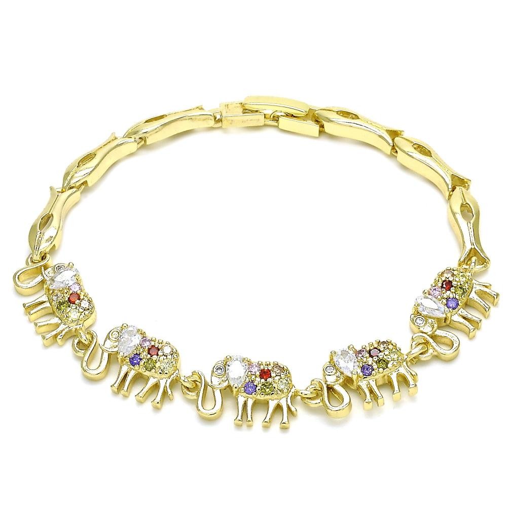 Gold Filled Fancy Bracelet Elephant and Fish Design With Micro Pave Golden Tone