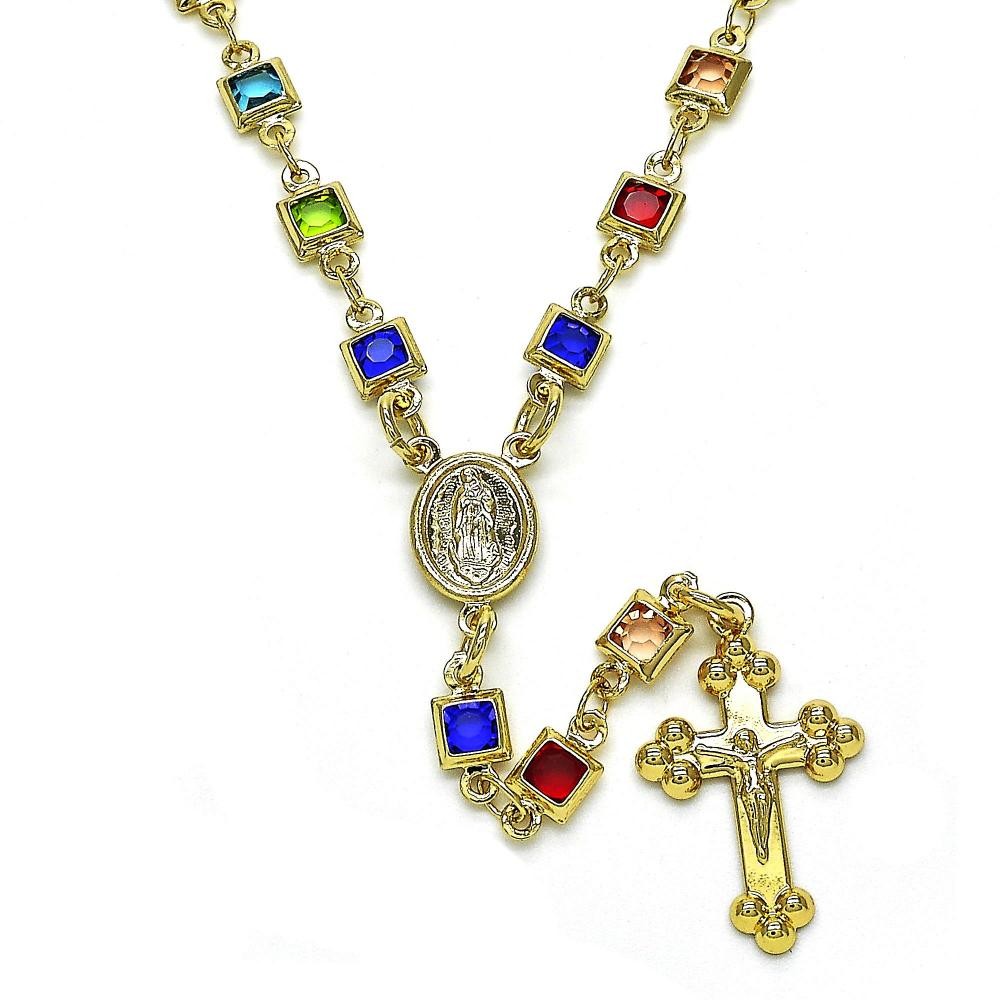 Gold Filled Medium Rosary Guadalupe and Crucifix Design With Multicolor Crystal Polished Finish Golden Tone