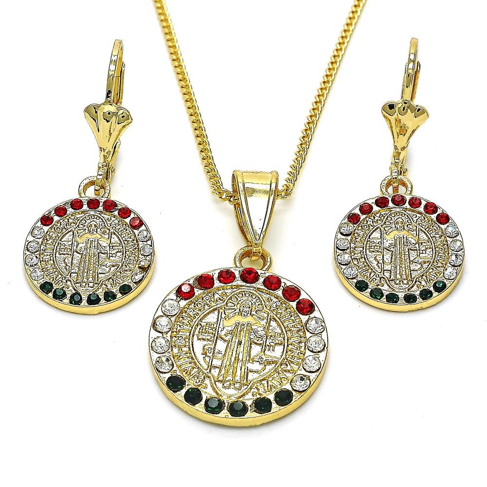 Gold Filled Earring and Pendant Adult Set San Benito Design With Multicolor Crystal Polished Finish Golden Tone