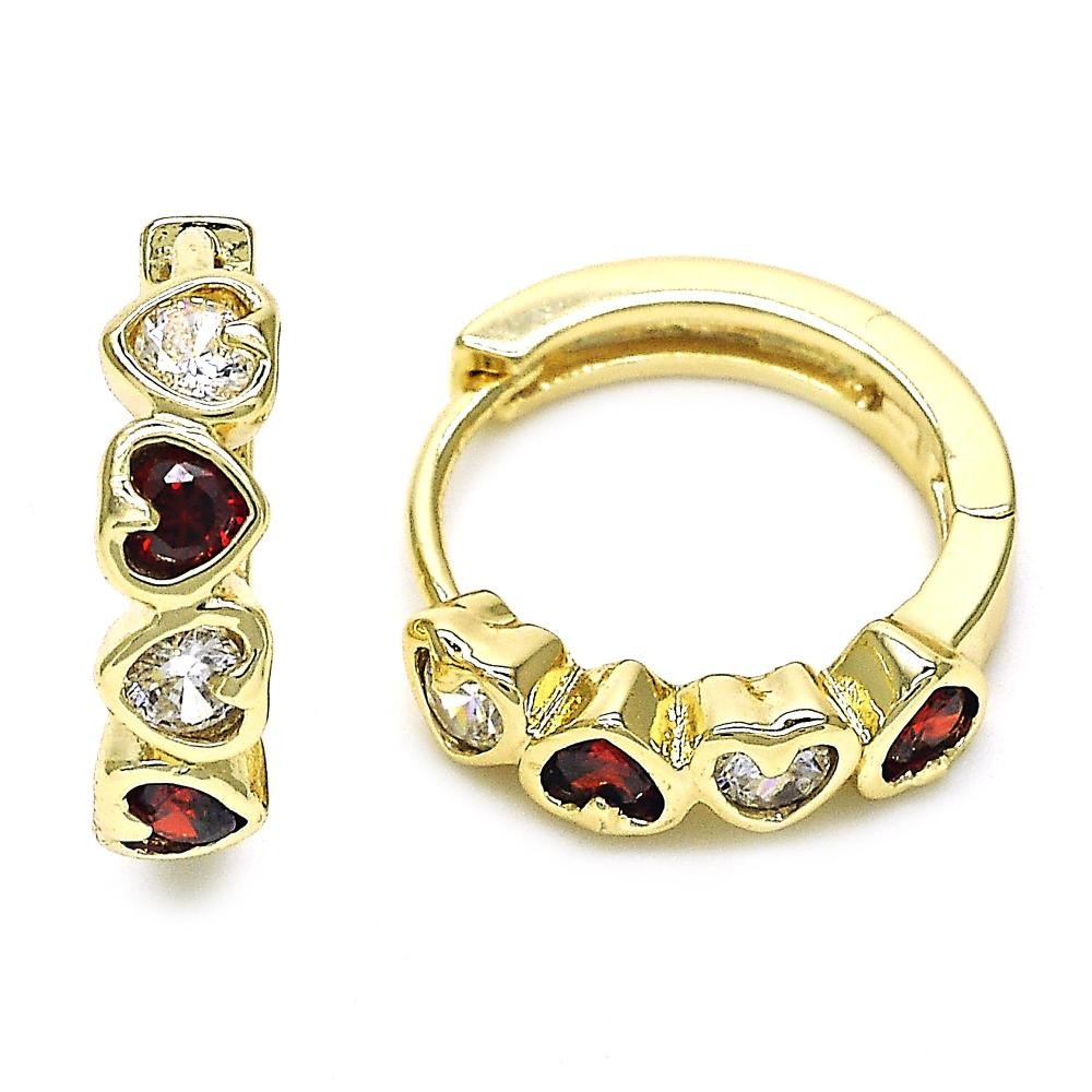 Gold Filled Huggie Hoop Earrings Heart Design with Garnet and White Cubic Zirconia Polished Golden Tone
