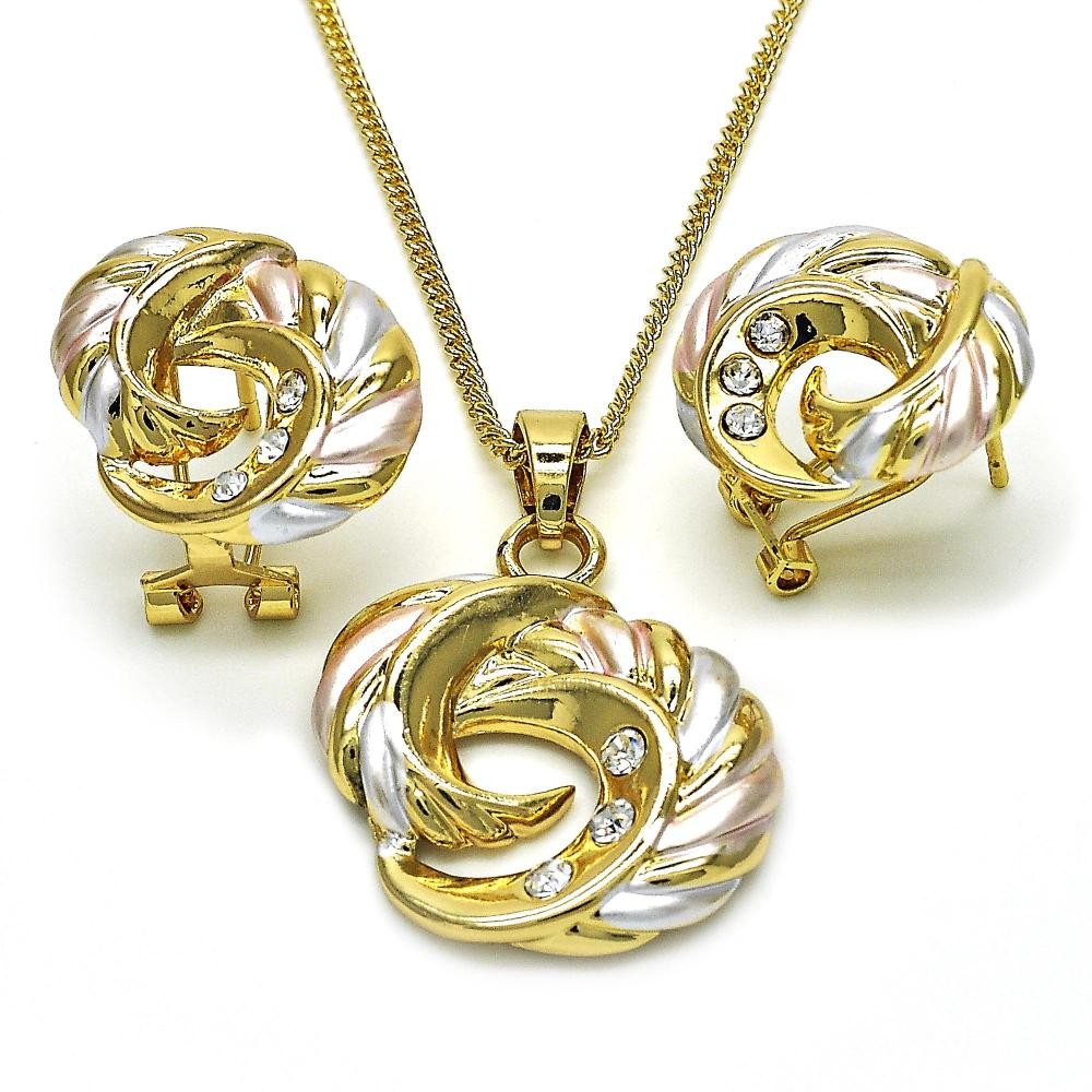 Gold Filled Earring and Pendant Set with White Crystal Polished Tri Tone