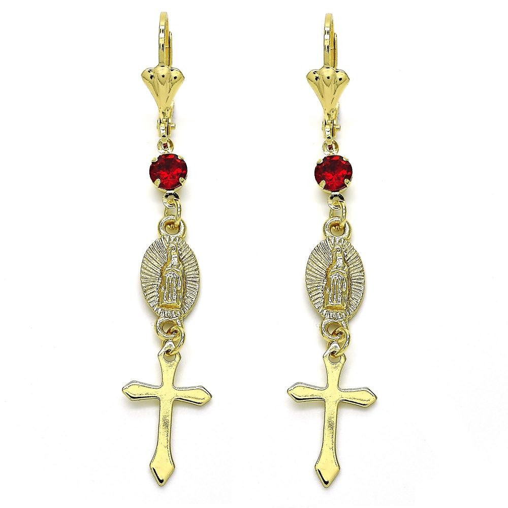 Gold Filled Long Earrings Guadalupe and Cross Design With Crystal Golden Tone
