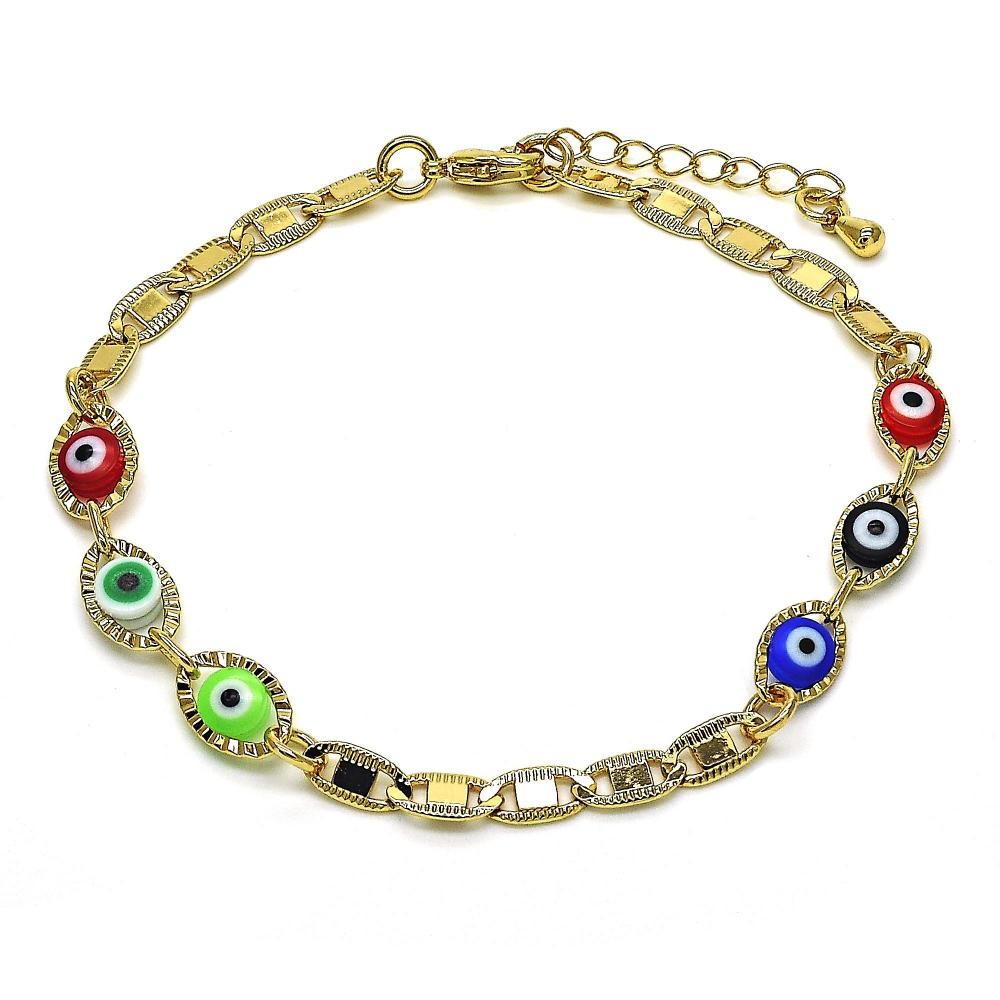 Gold Filled Fancy Greek Eye Design Bracelet Multicolor Polished Finish Golden Tone