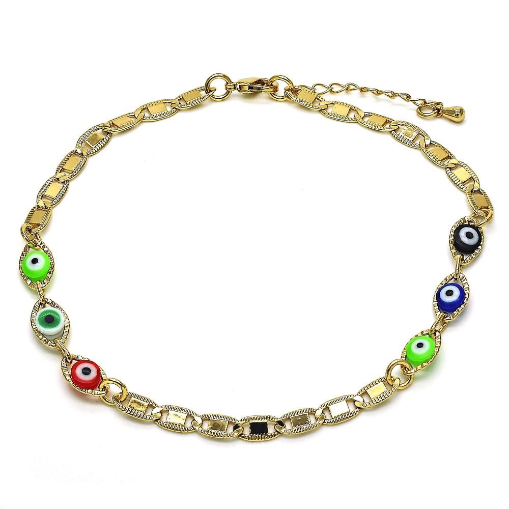 Gold Filled Greek Eye Design Fancy Anklet Multicolor Polished Finish Golden Tone