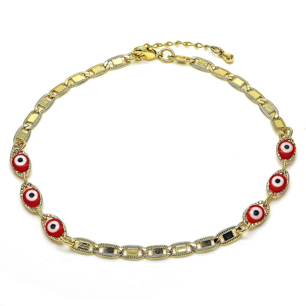 Gold Filled Greek Eye Design Fancy Anklet Red Polished Finish Golden Tone