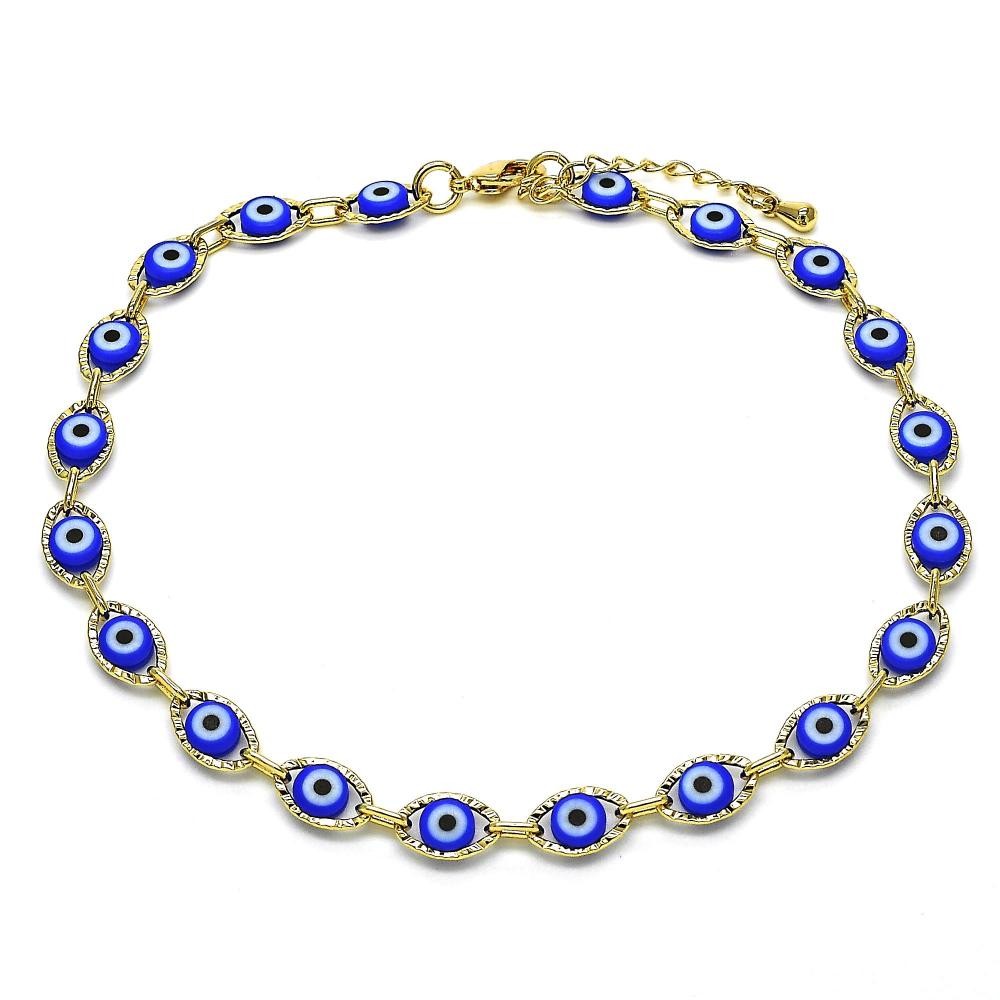 Gold Filled Fancy Anklet Greek Eye Design Blue Resin Finish Golden Tone