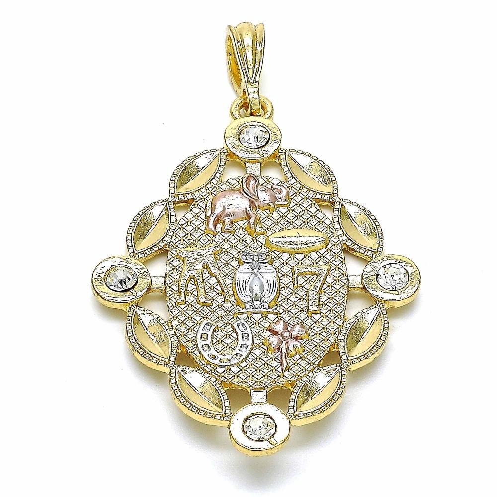 Gold Religious Pendant Elephant and Owl Design With White Crystal Polished Finish Tri Tone