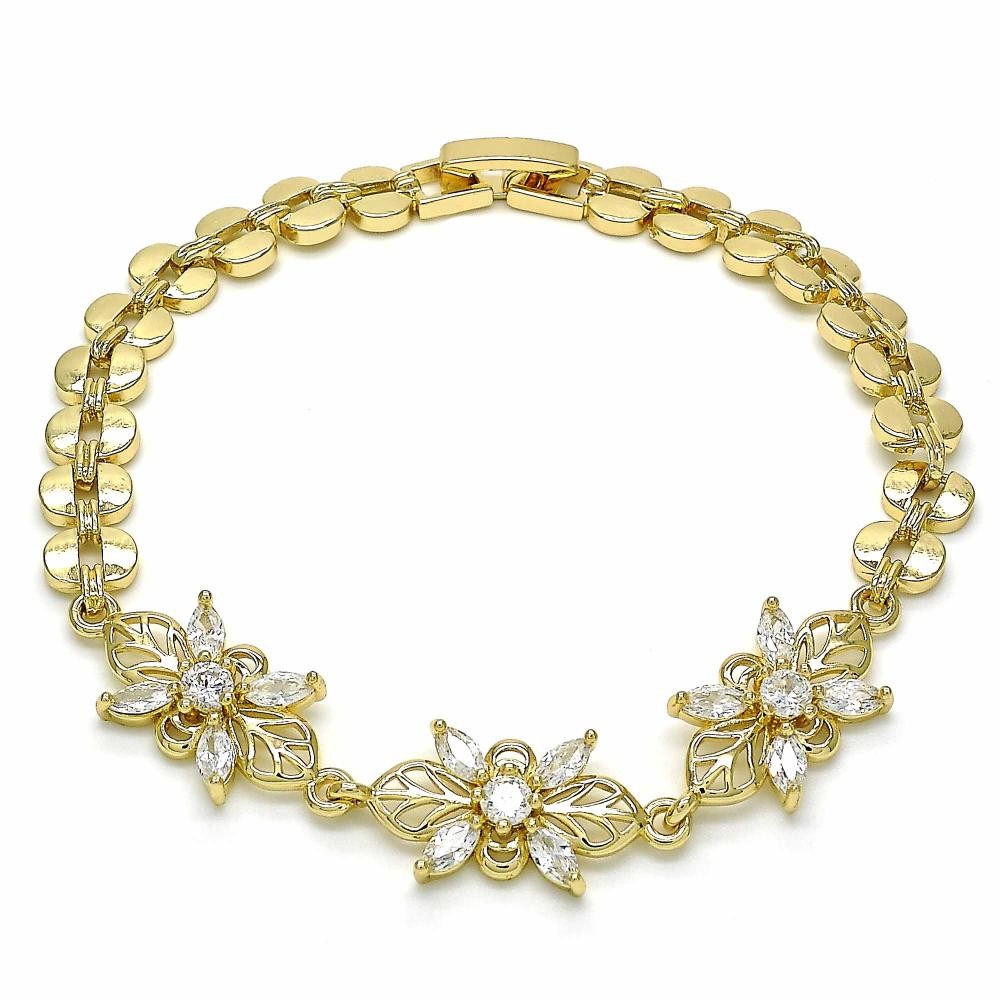 Gold Filled Fancy Bracelet Flower Design with White Cubic Zirconia Polished Golden Finish 7 MM Thickness 7 Inches Length
