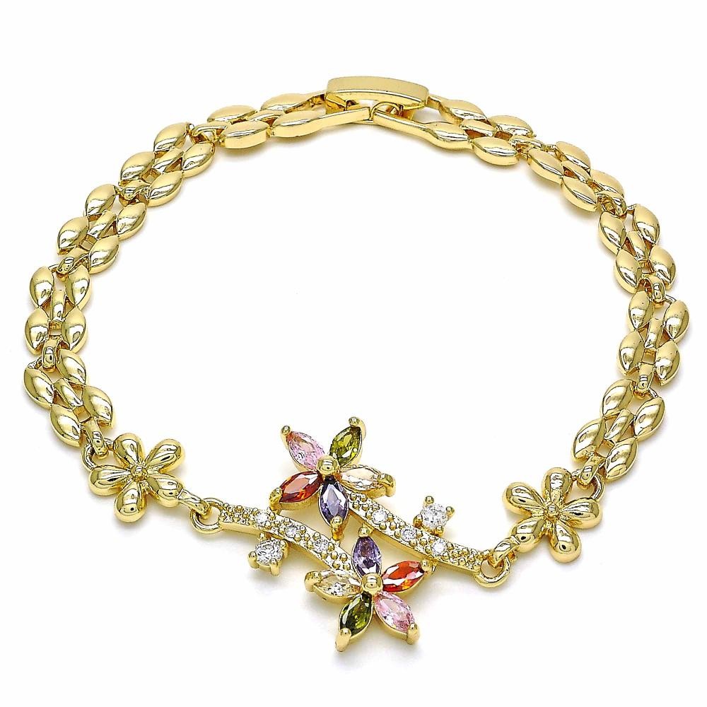 Gold Filled Fancy Bracelet Flower Design with Multicolor Cubic Zirconia Polished Golden Finish 6 MM Thickness 7 Inches Length