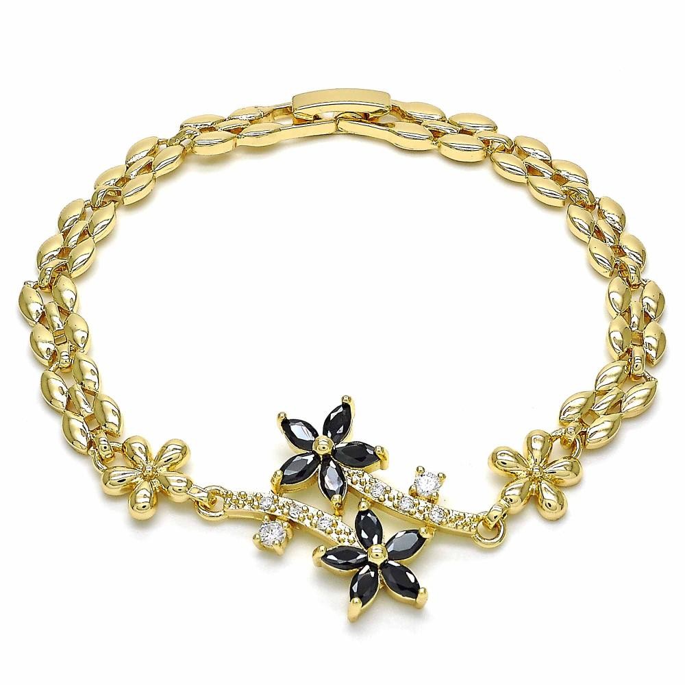 Gold Filled Fancy Bracelet Flower Design with Black and White Cubic Zirconia Polished Golden Finish 6 MM Thickness 7 Inches Length