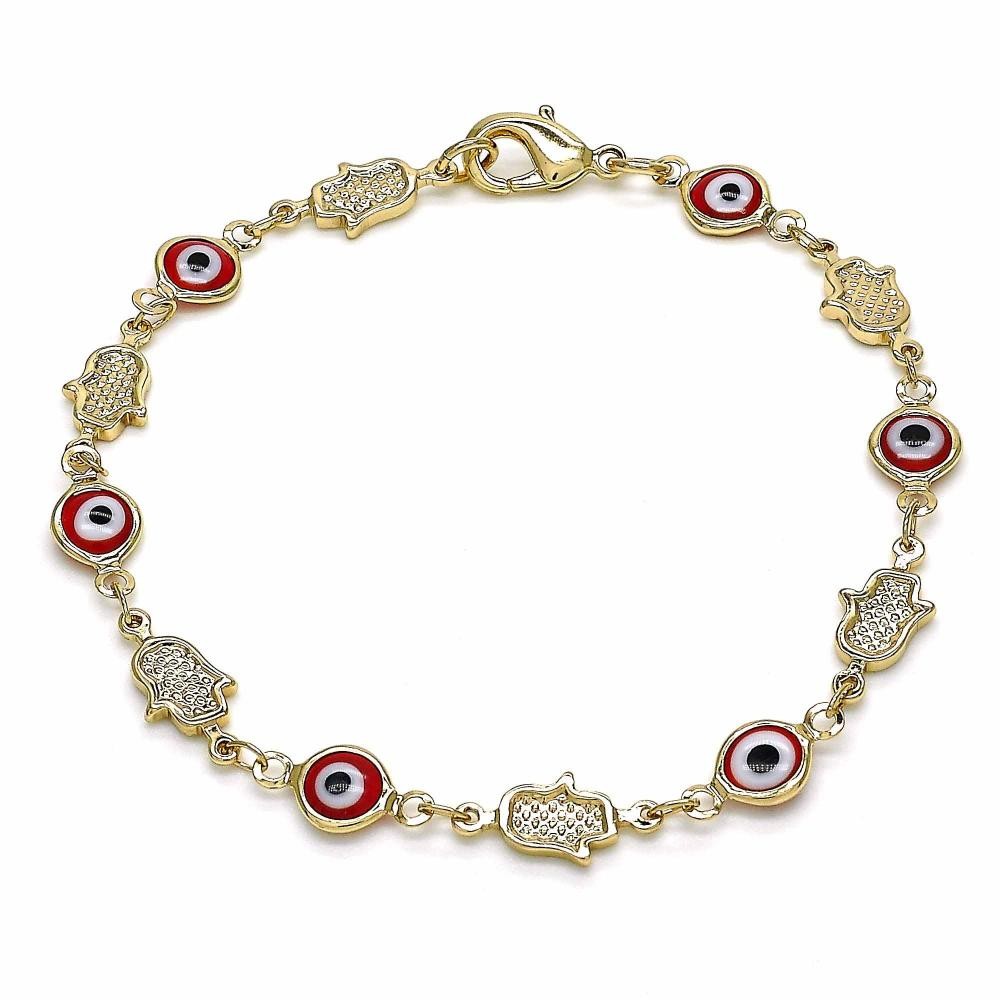 Gold Filled Fancy Bracelet Greek Eye and Hand of God Design Red Resin Finish Golden Tone