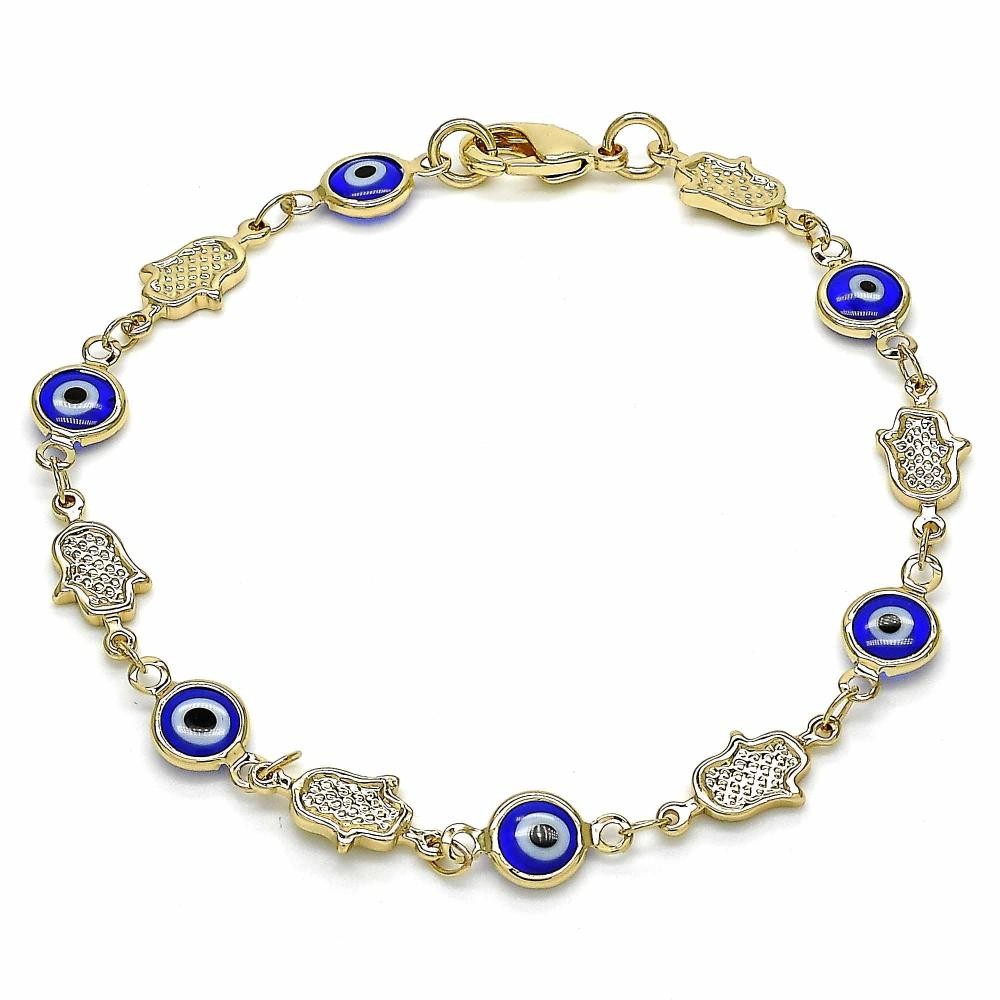 Gold Filled Fancy Bracelet Greek Eye and Hand of God Design Blue Resin Finish Golden Tone