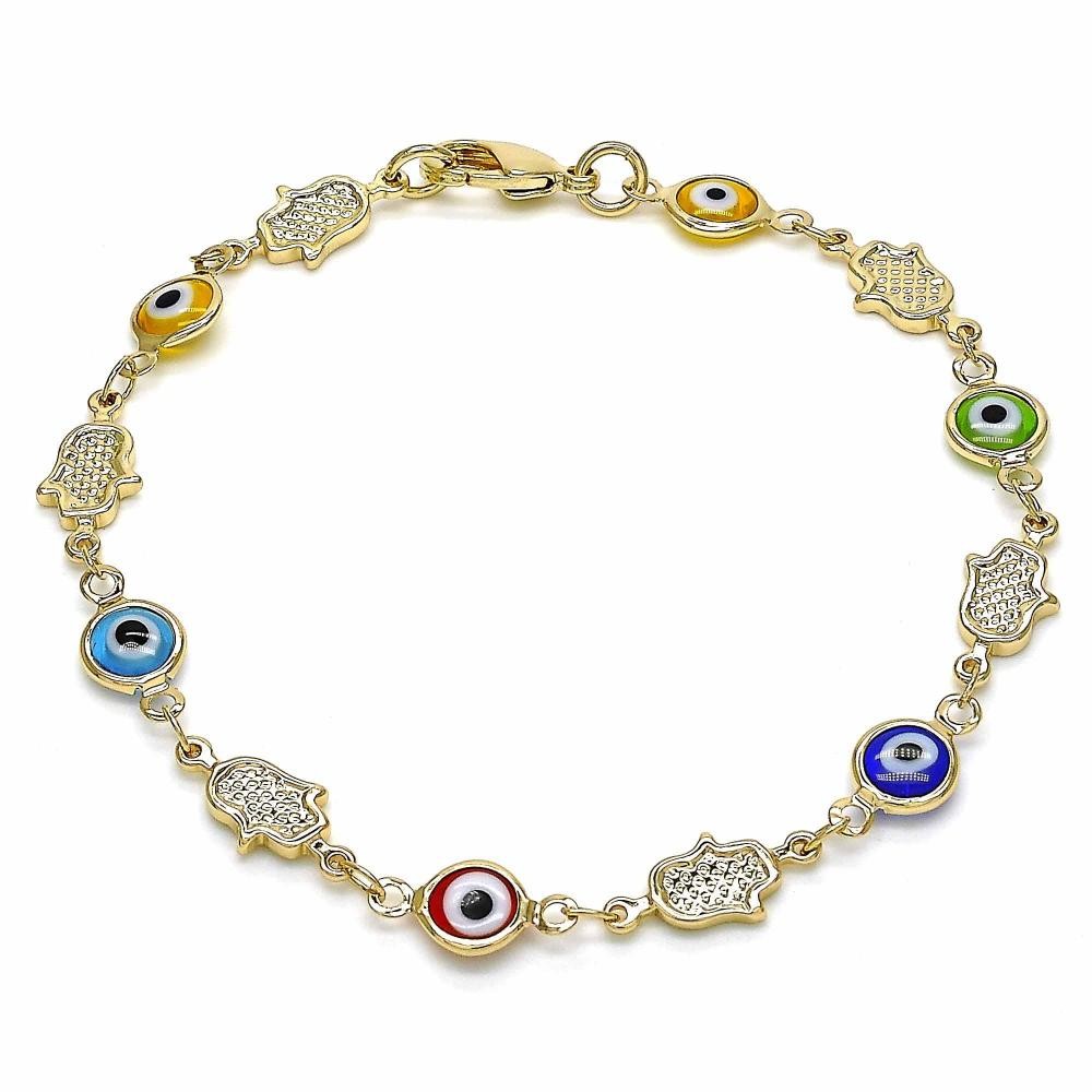 Gold Filled Fancy Bracelet Greek Eye and Hand of God Design Multicolor Resin Finish Golden Tone