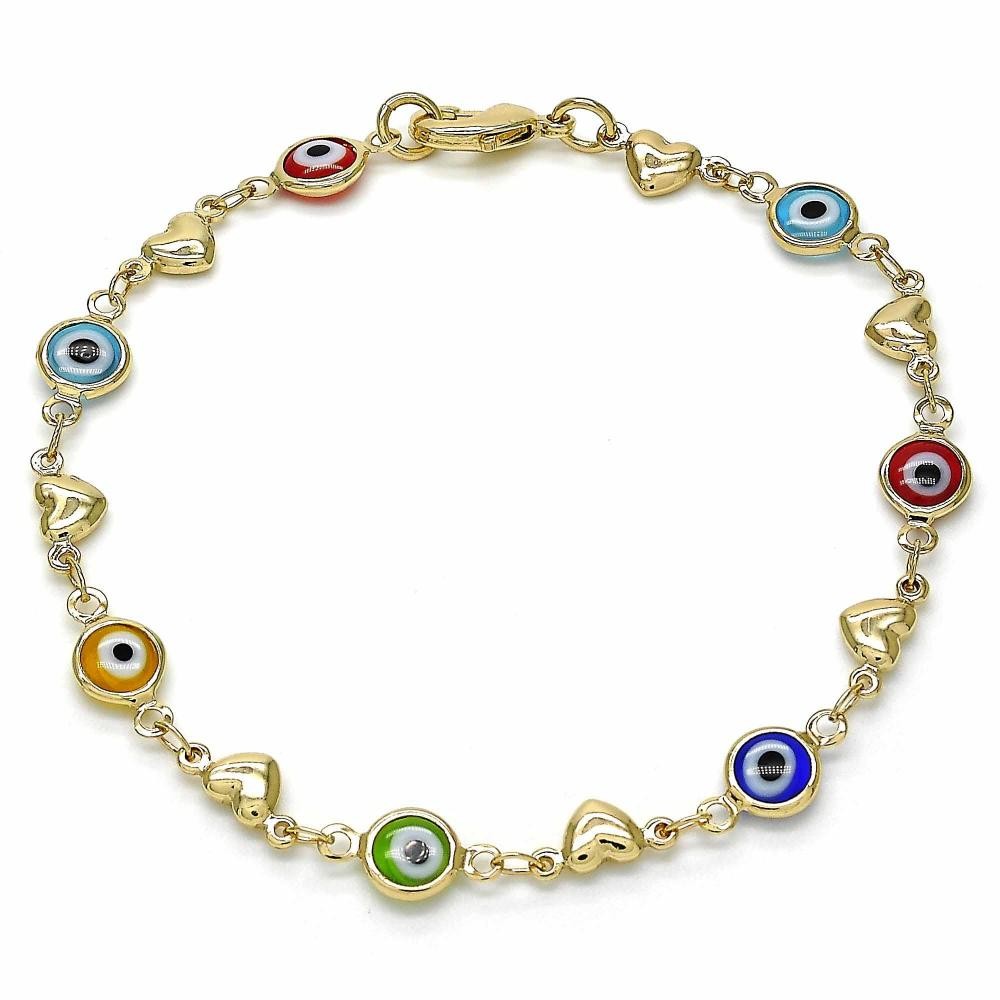 Gold Filled Fancy Bracelet Greek Eye and Heart Design Multicolor Resin Finish Golden Tone