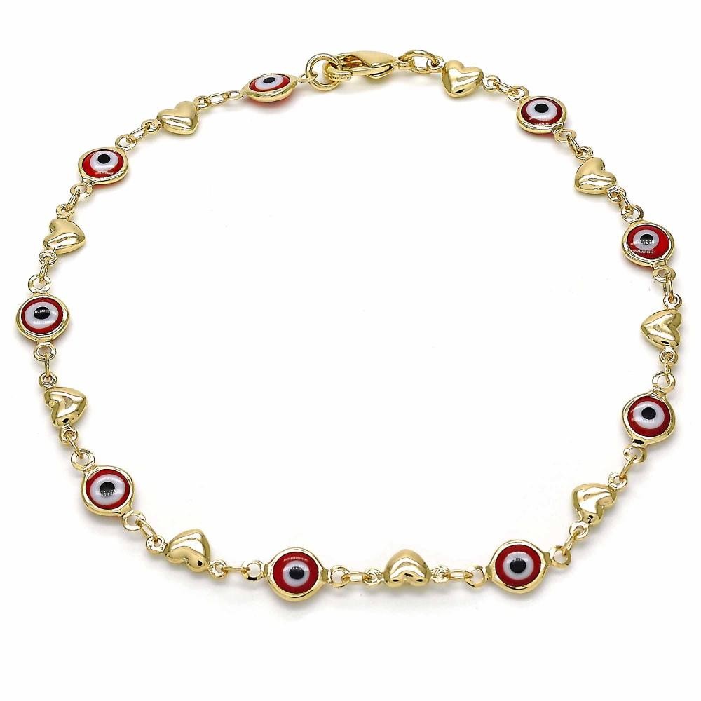 Gold Filled Fancy Anklet Greek Eye and Heart Design Red Resin Finish Golden Tone