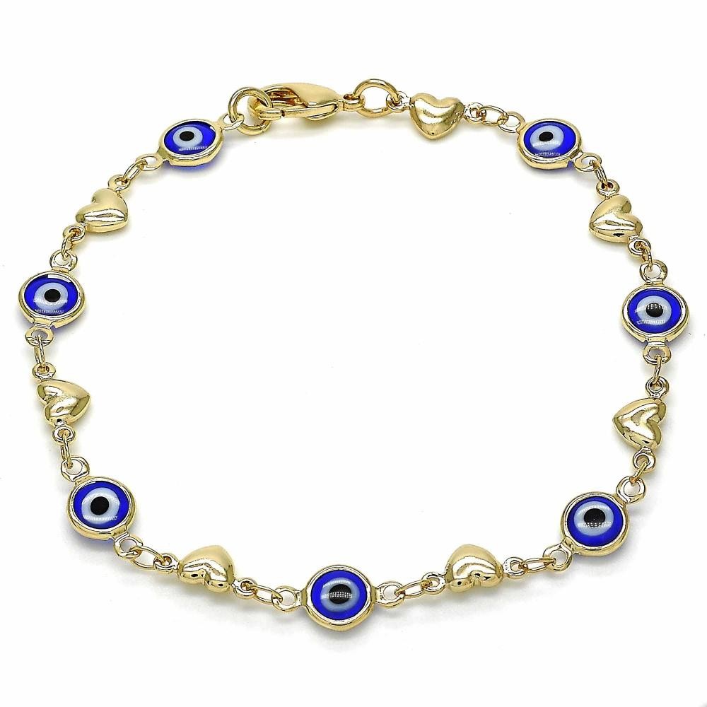 Gold Fancy Bracelet Greek Eye and Heart Design Blue Resin Finish Golden Tone