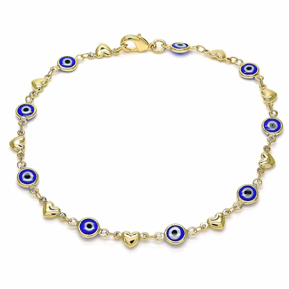 Gold Filled Fancy Anklet Greek Eye and Heart Design Blue Resin Finish Golden Tone