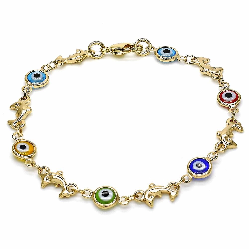 Gold Filled Fancy Bracelet Greek Eye and Dolphin Design Multicolor Resin Finish Golden Tone