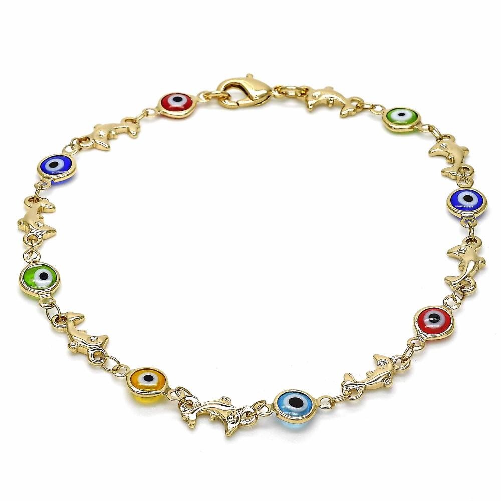 Gold Filled Fancy Anklet Greek Eye and Dolphin Design Multicolor Resin Finish Golden Tone