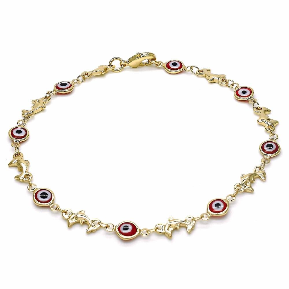 Gold Filled Fancy Anklet Greek Eye and Dolphin Design Red Resin Finish Golden Tone