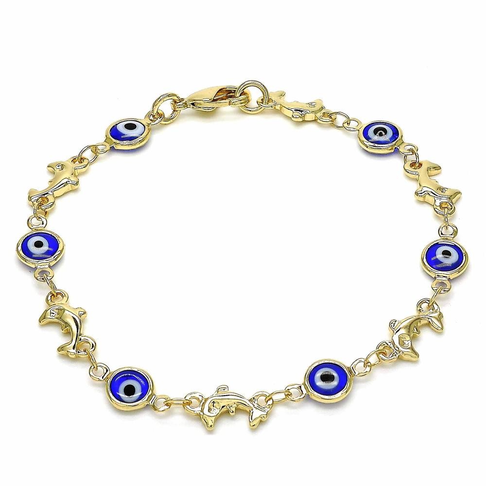 Gold Filled Fancy Bracelet Greek Eye and Dolphin Design Blue Resin Finish Golden Tone