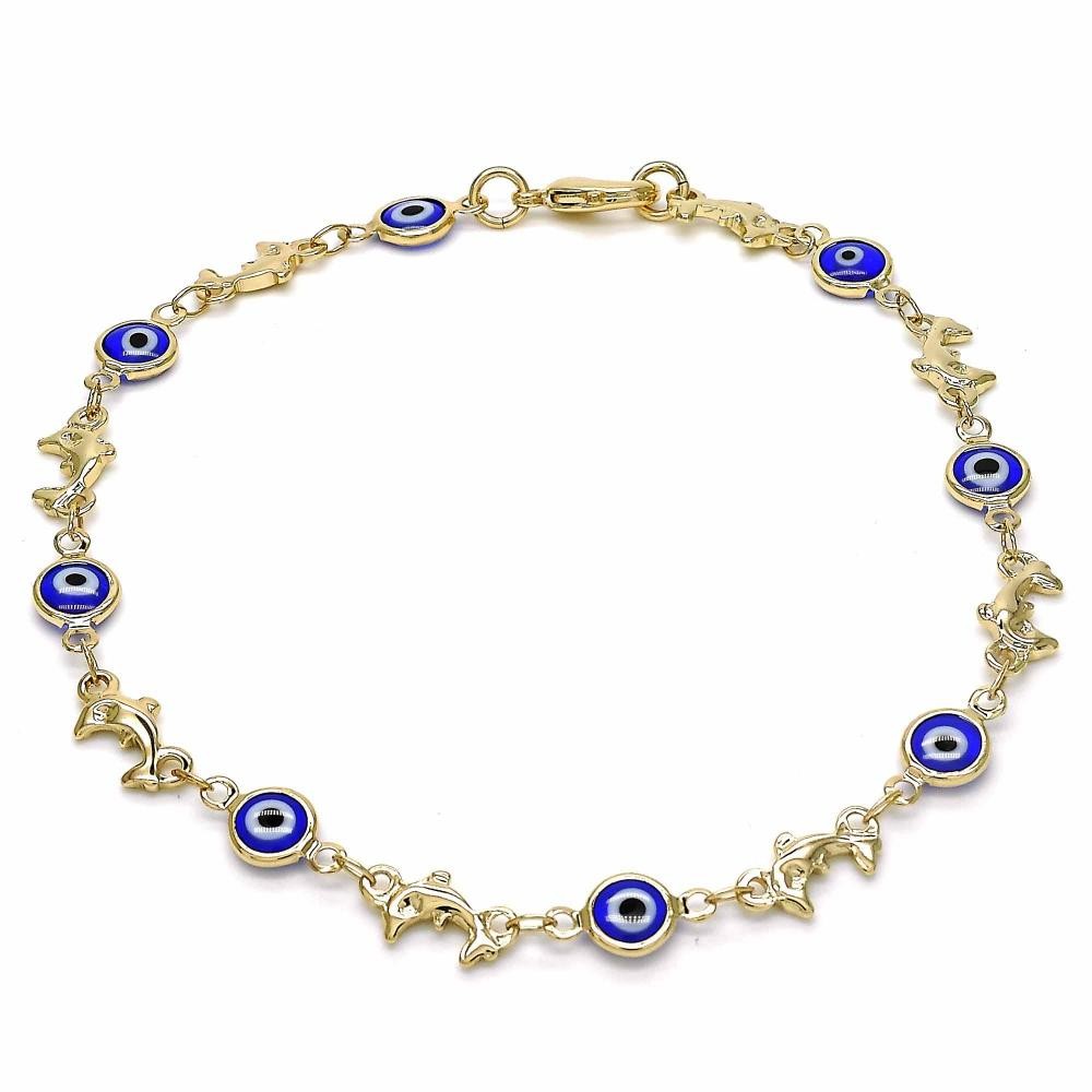 Gold Filled Fancy Anklet Greek Eye and Dolphin Design Blue Resin Finish Golden Tone