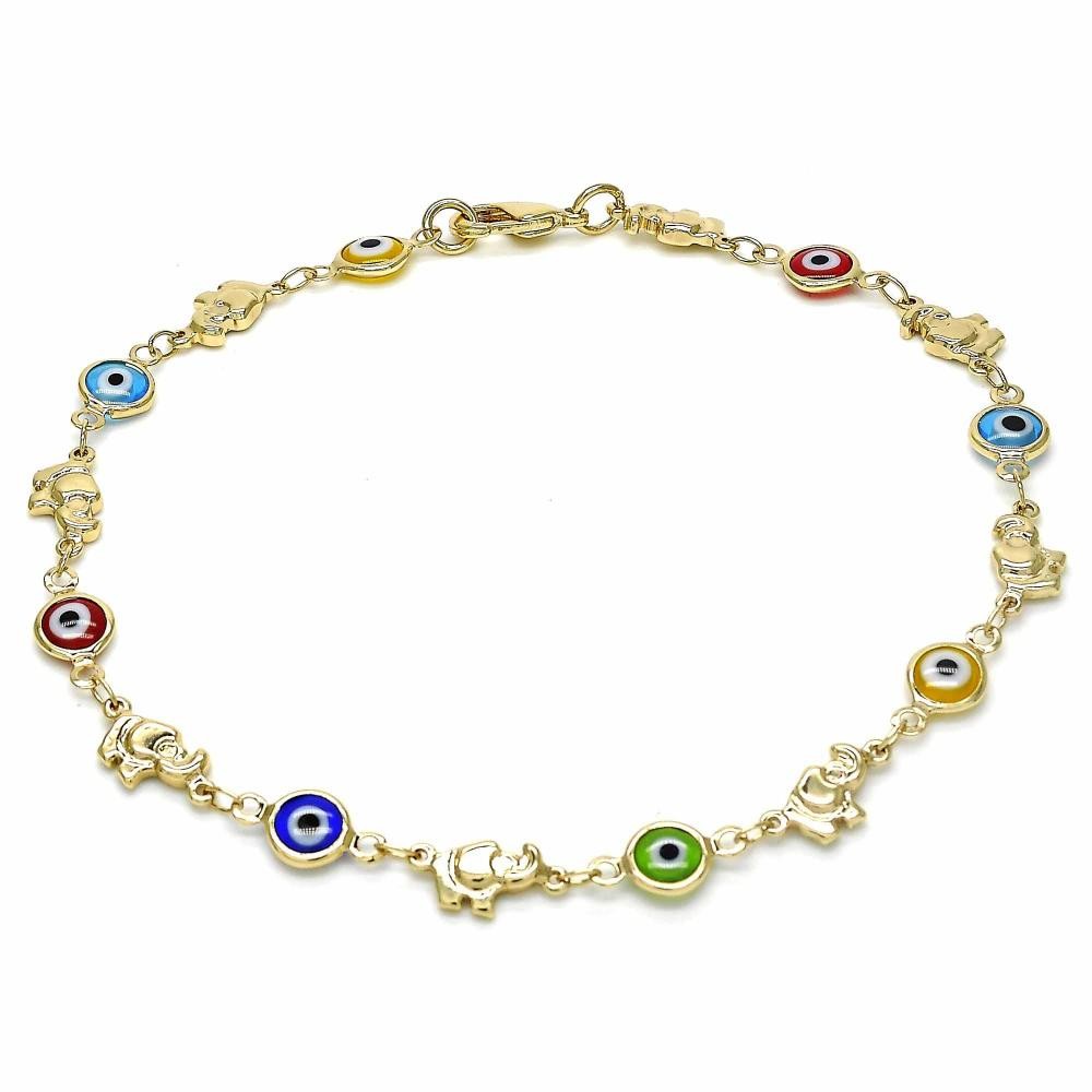 Gold Filled Fancy Anklet Greek Eye and Elephant Design Multicolor Resin Finish Golden Tone