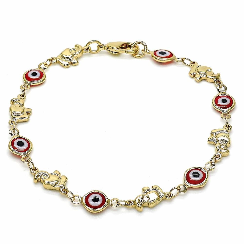 Gold Filled Fancy Bracelet Greek Eye and Elephant Design Red Resin Finish Golden Tone