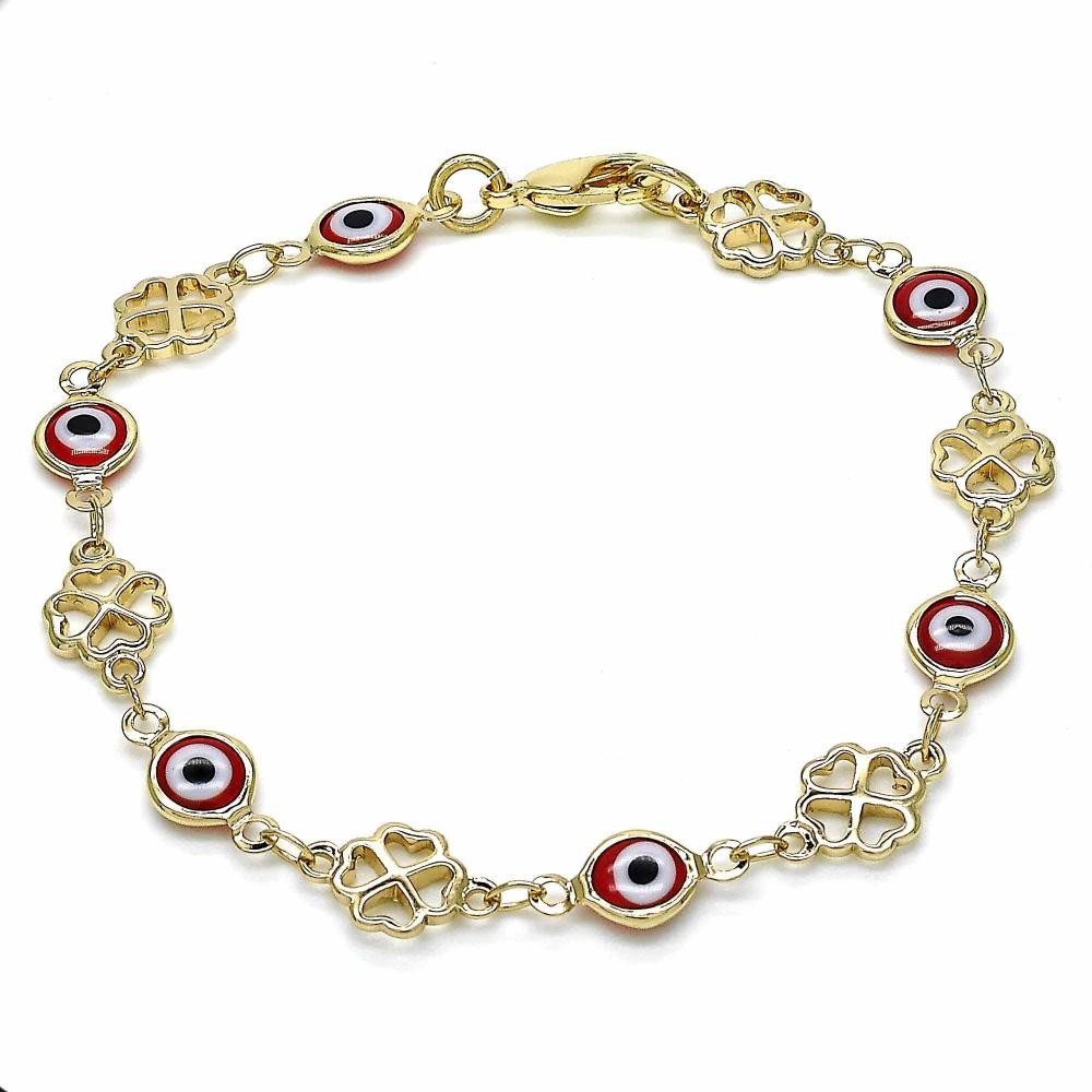 Gold Filled Fancy Bracelet Greek Eye and Four-leaf Clover Design Red Resin Finish Golden Tone